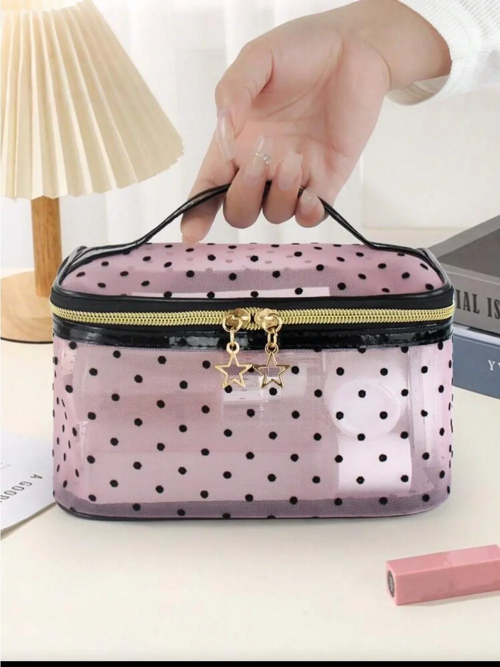 Pink Polka Dot Clear Cosmetic Bag with Star Zipper Pulls